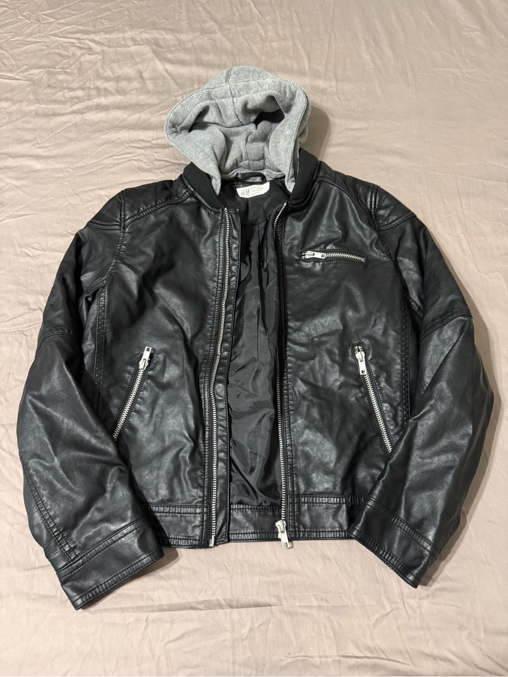 H&M Black Faux-Leather Bomber Jacket with Gray Hood - Picture 9 of 9